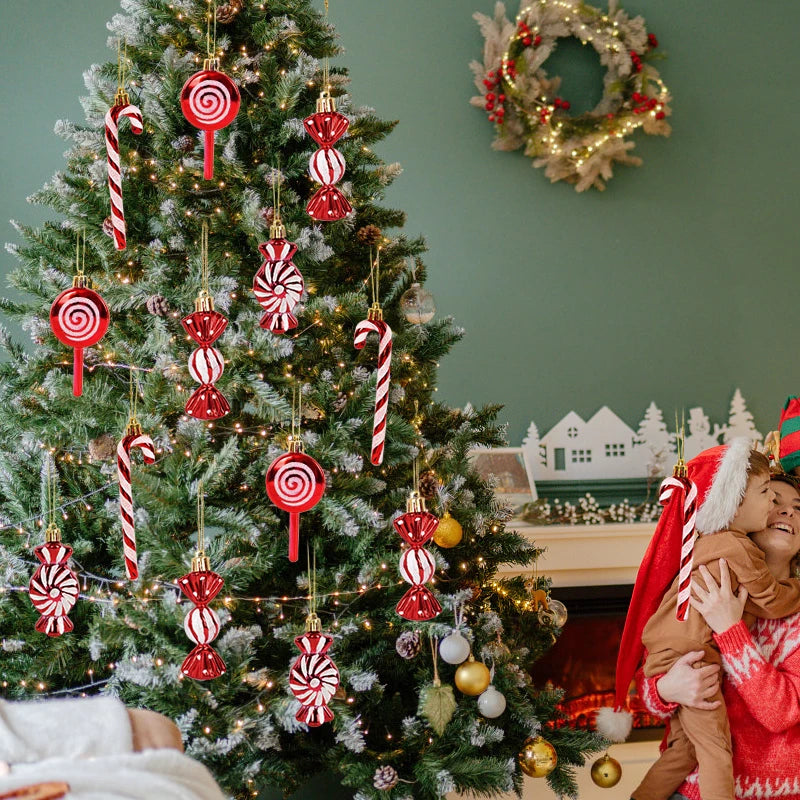 6 peças de pirulito de natal, pingente de bengala de doces, enfeites de bola de árvore de natal, decorações de natal para casa, presente de ano novo de 2024