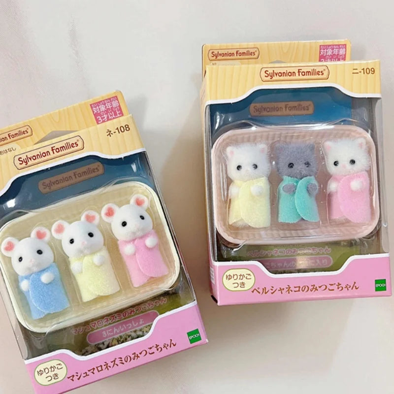 Famílias Sylvanian japonesas figuras de anime fofo gato persa amor rato trigêmeo bebê mini boneca menina brinquedos ternurinas figura bonecas