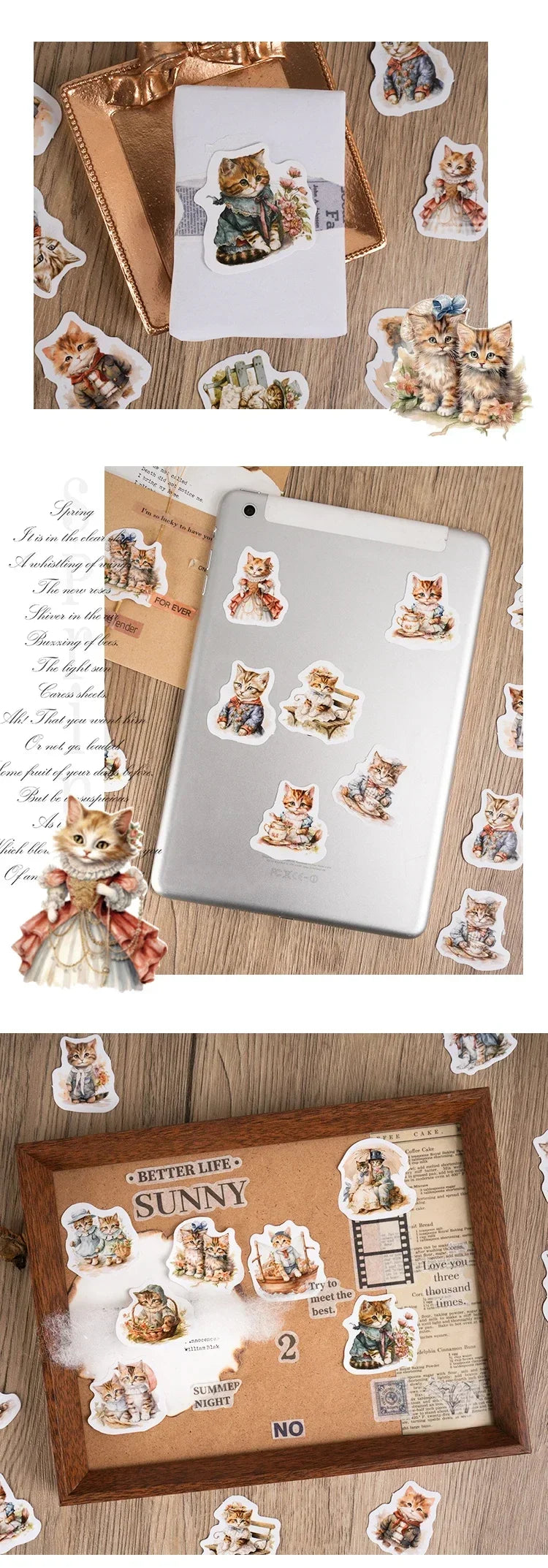 Caixa com 46 adesivos de gatinhos para scrapbooking, diário ou journal