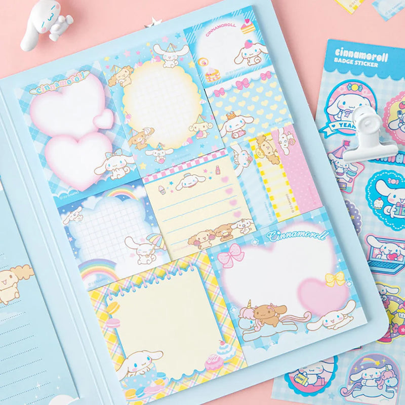 Livro com papéis de carta e post It da Kuromi, Cinnamoroll e Melody