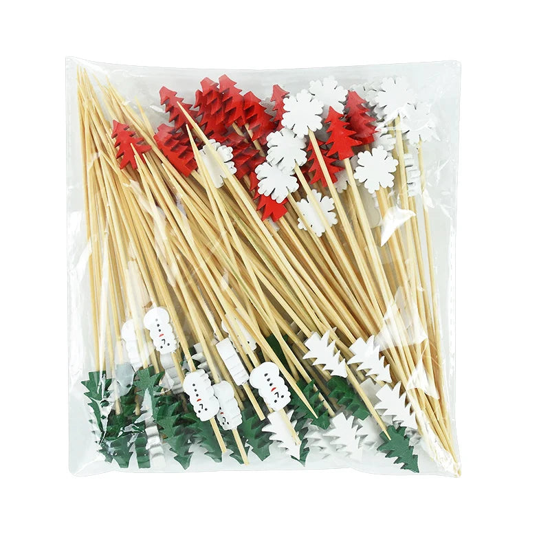 50Pcs Palitos de comida de bambu de Natal Palitos de dente Papai Noel Sobremesa Buffet Salada de frutas Decoração de Natal Ano Novo Suprimentos para festa de Natal