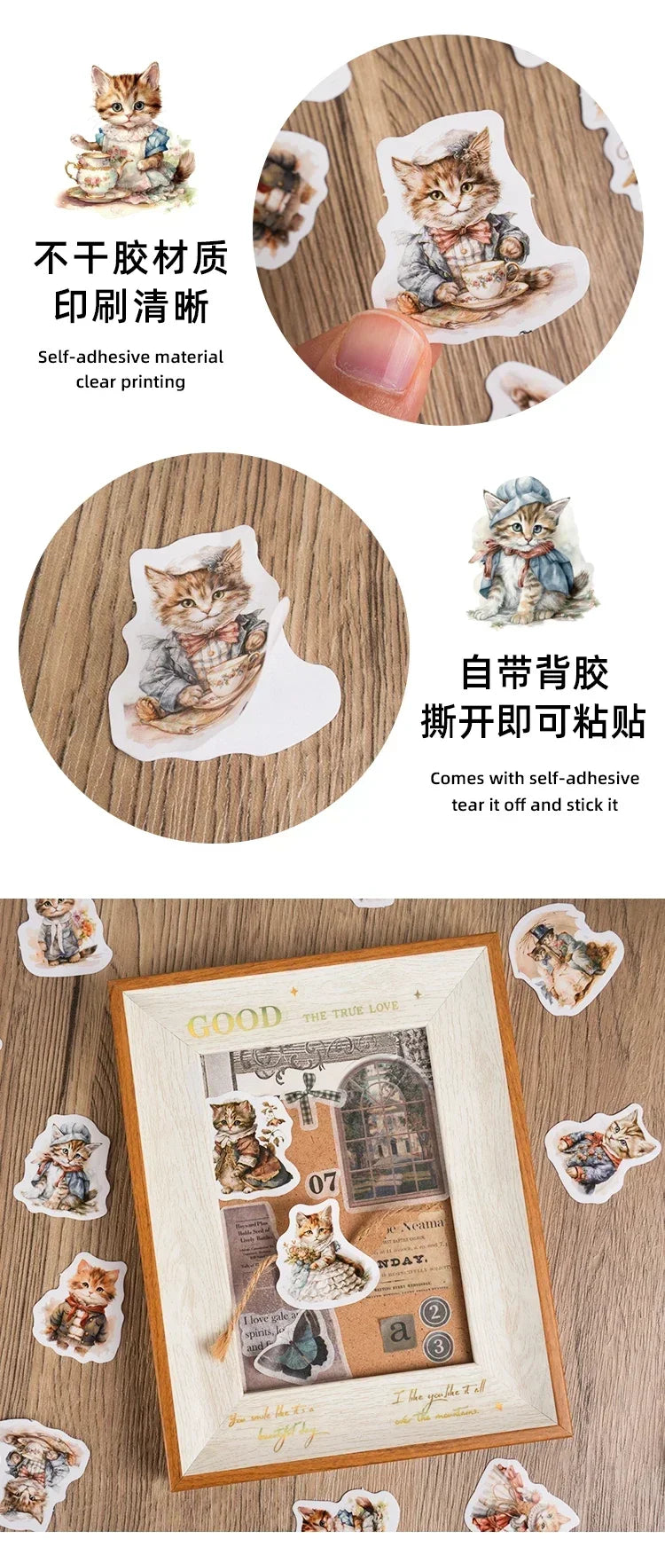 Caixa com 46 adesivos de gatinhos para scrapbooking, diário ou journal