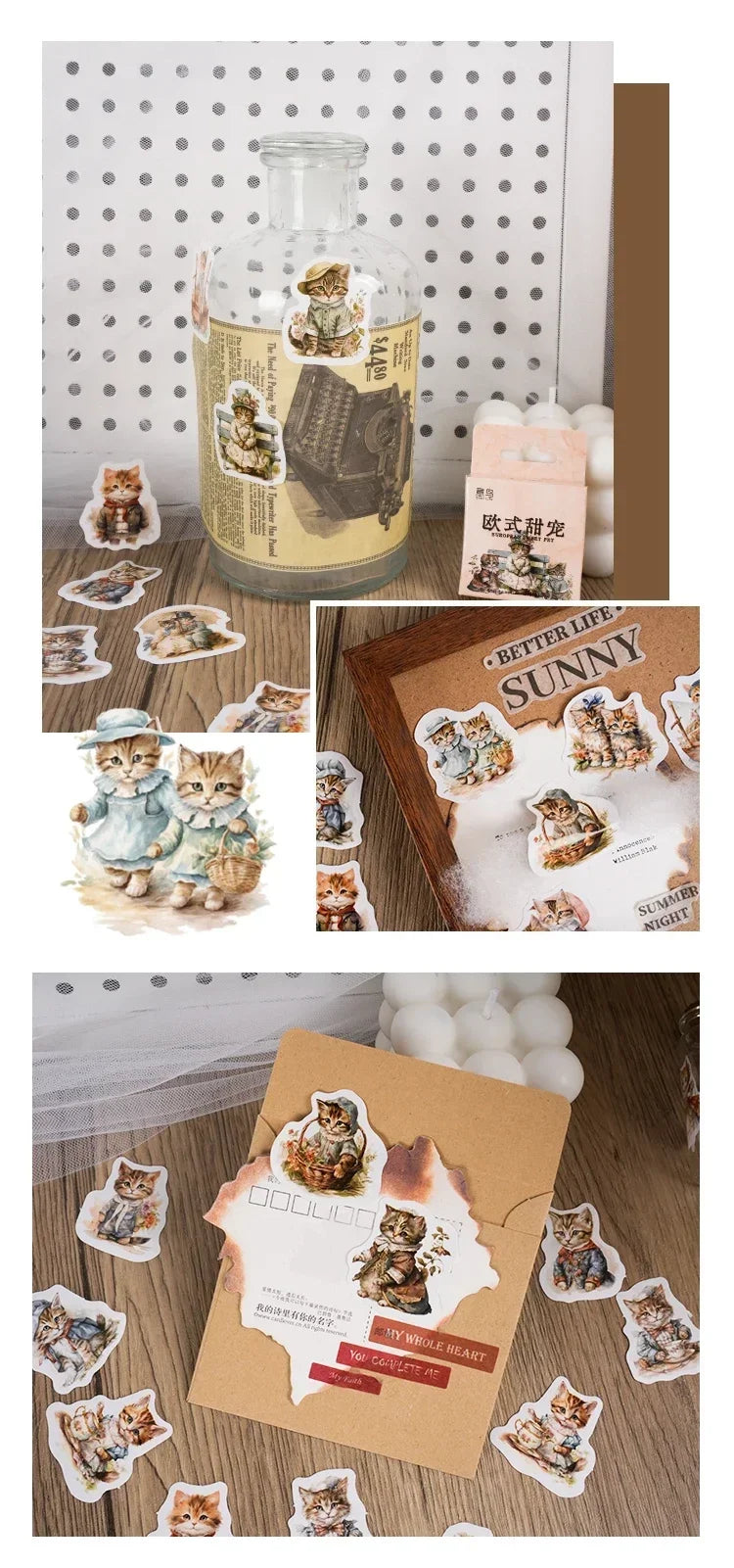 Caixa com 46 adesivos de gatinhos para scrapbooking, diário ou journal