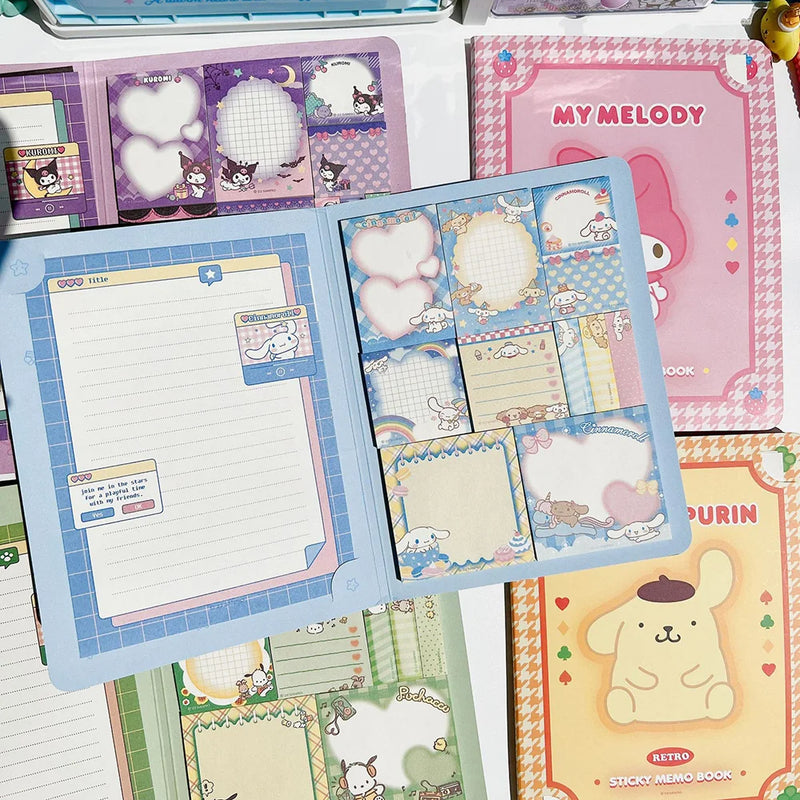 Livro com papéis de carta e post It da Kuromi, Cinnamoroll e Melody