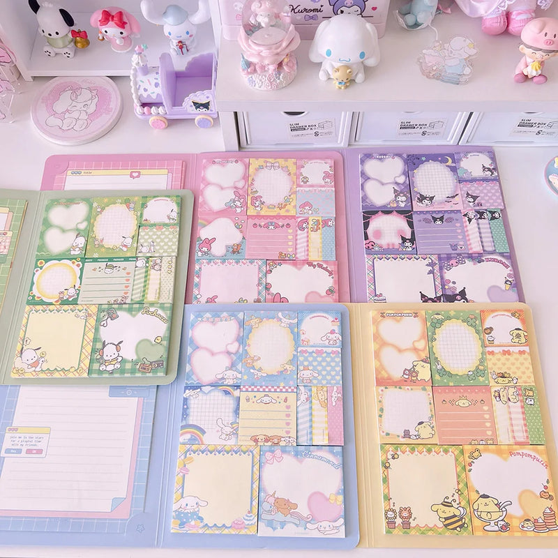 Livro com papéis de carta e post It da Kuromi, Cinnamoroll e Melody