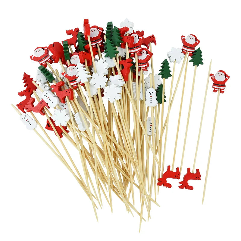 50Pcs Palitos de comida de bambu de Natal Palitos de dente Papai Noel Sobremesa Buffet Salada de frutas Decoração de Natal Ano Novo Suprimentos para festa de Natal