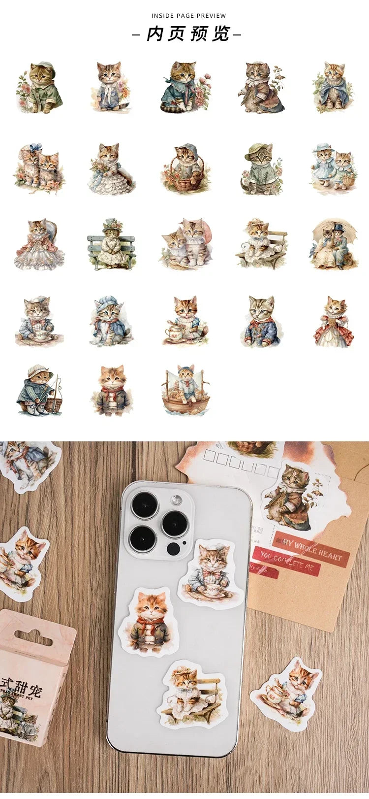 Caixa com 46 adesivos de gatinhos para scrapbooking, diário ou journal