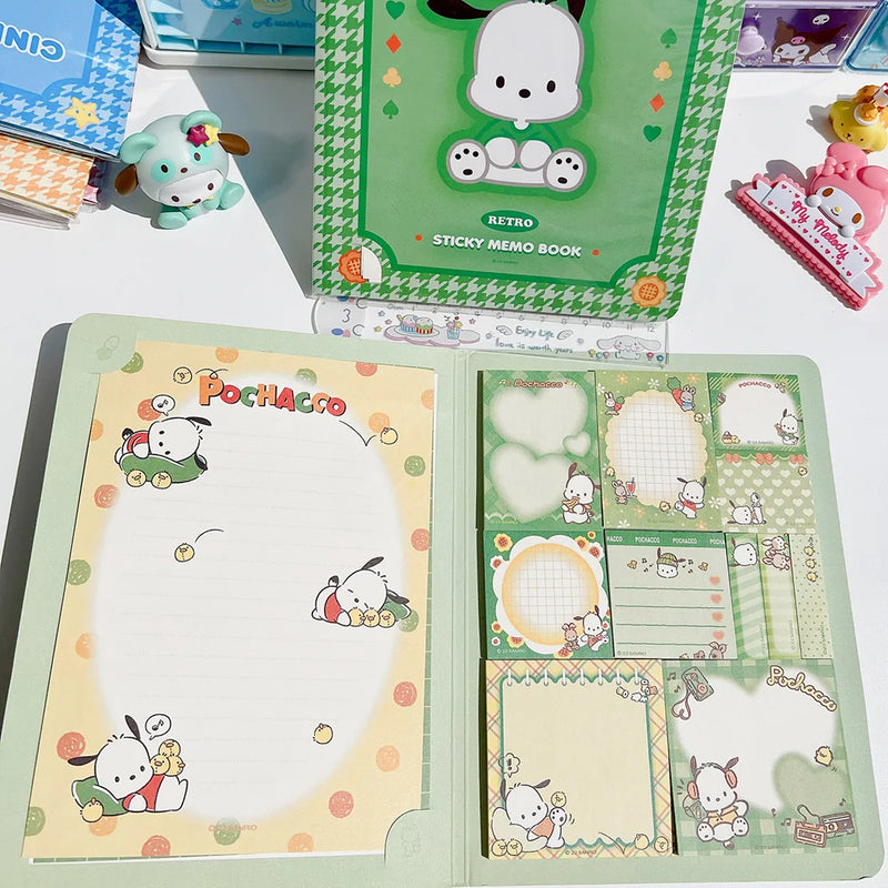 Livro com papéis de carta e post It da Kuromi, Cinnamoroll e Melody